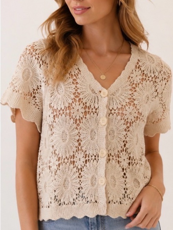 Rebellion Sweaters - Rebellion Cream Crochet Button-Front Cardigan